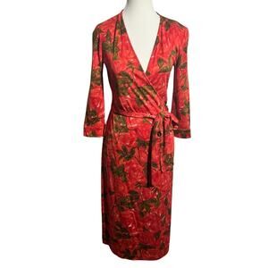 Fiori Di Zucca Silk Wrap Dress Women S Red Orange Leaf Print Knee Length Career